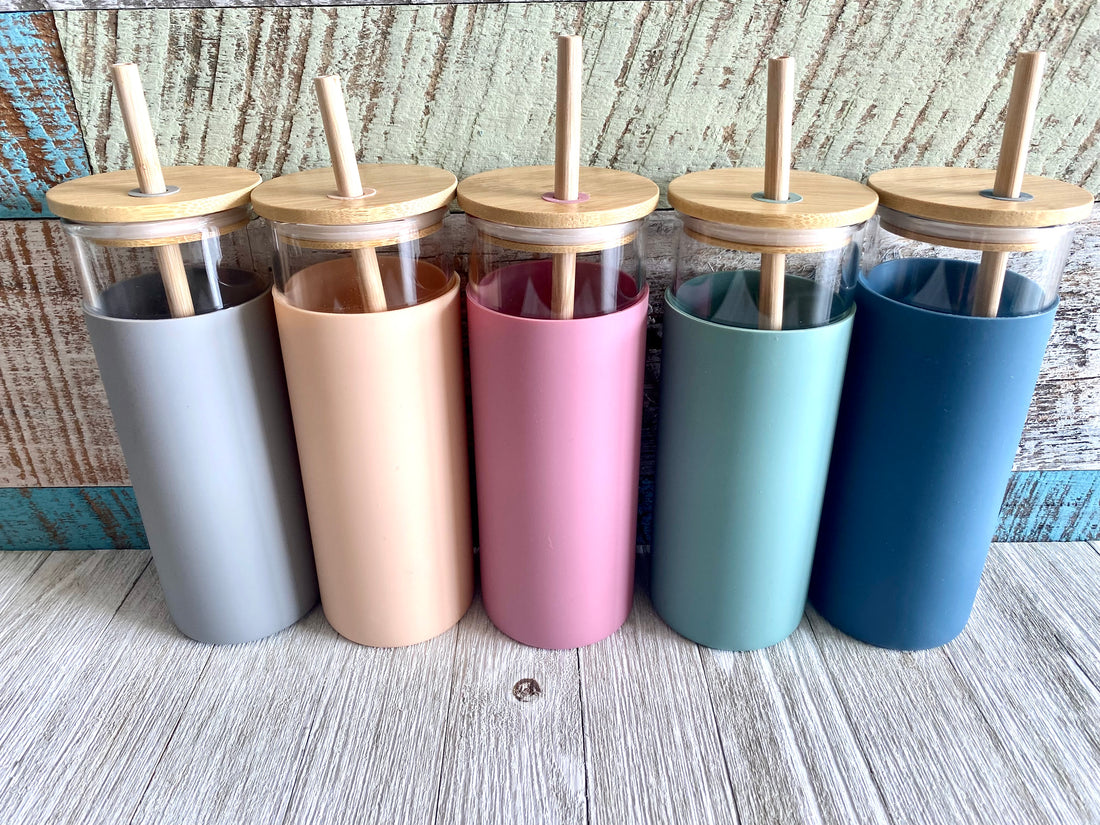 20oz Glass Tumbler w/Silicon Sleeve &amp; Bamboo Lid/Straw