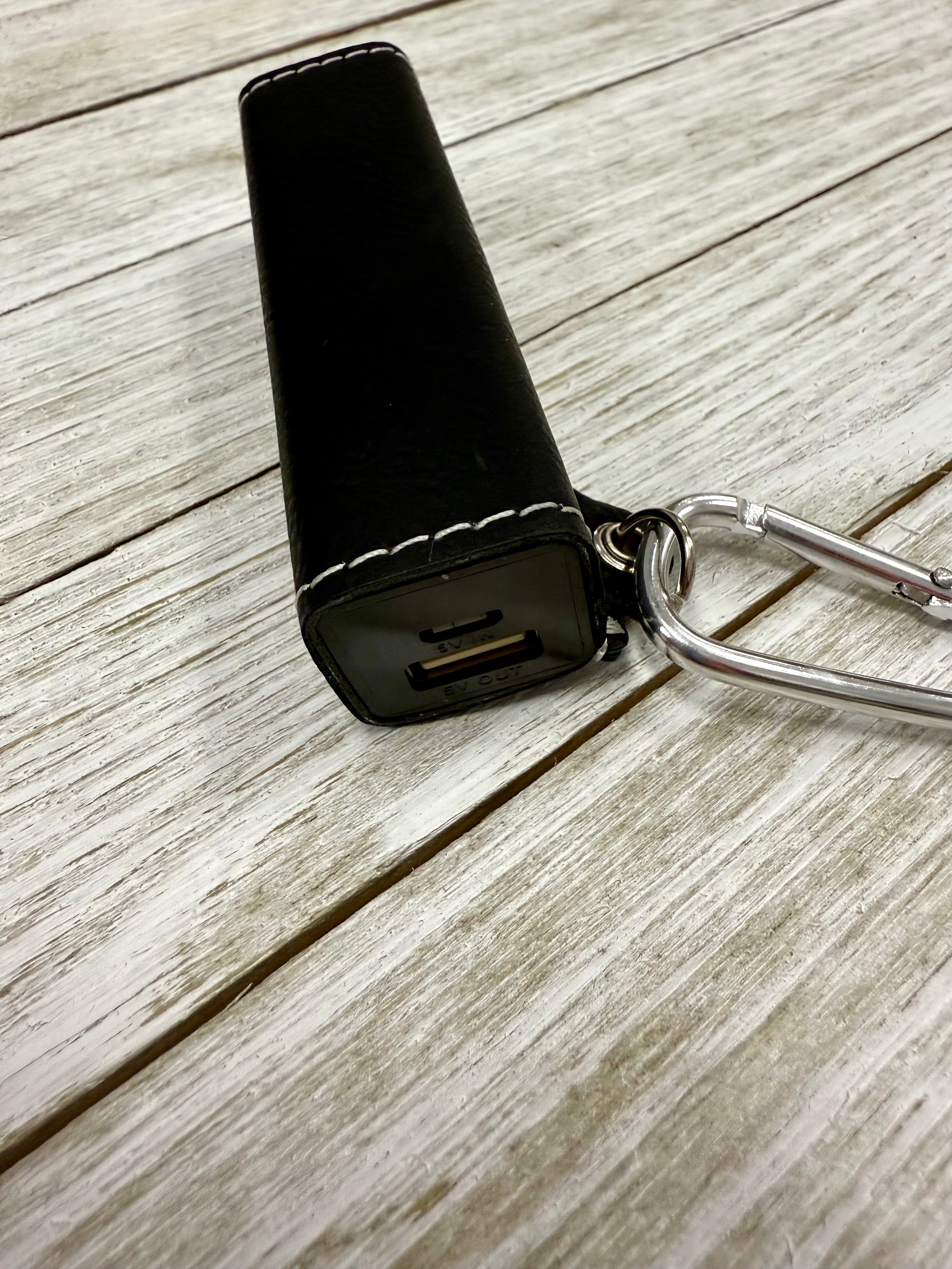 Black/Silver Laserable Leatherette 2200 mAh Power Bank with USB Cord
