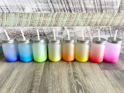 Ombre glass mason jar, Sublimation-friendly drinkware, Customizable 12oz glass jar, Personalized sublimation mason jar, DIY sublimation crafts, Ombre design sublimation tumbler, 12oz glass jar for sublimation, Creative sublimation projects, Custom sublimation drinkware, Glass mason jar blanks, Sublimation printing success, Crafty sublimation ideas, Personalized glassware for sublimation,