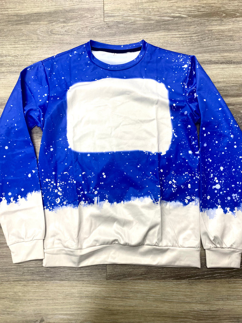 Splattered Crewneck, Faux Bleached Apparel, Blue Splatter Design, Trendy Crewneck Sweatshirt, Fashionable Bleached Look, Unique Blue Pattern, Distinctive Faux Bleach Style, Stylish Splatter Print,, Exclusive Crewneck Fashion Artistic Blue Bleached Sweatshirt, Contemporary Clothing Design, Custom Splattered Crew Neck, Bleached Blue Streetwear,