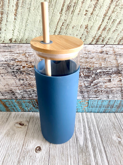 20oz Glass Tumbler w/Silicone Sleeve &amp; Bamboo Lid/Straw